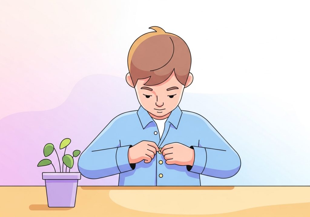 An illustration showing the self-care competency of a child buttoning their own shirt.
