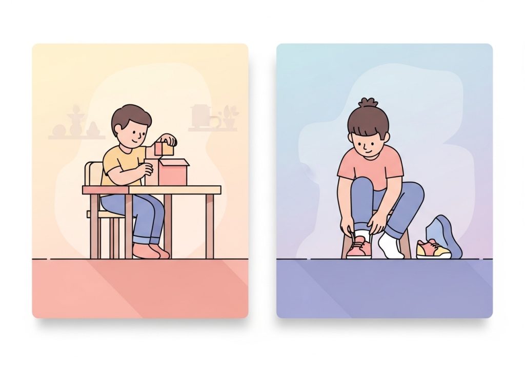 Two shaping behavior examples: a child cleaning up a toy and another child putting on shoes, showing practical applications of the technique.