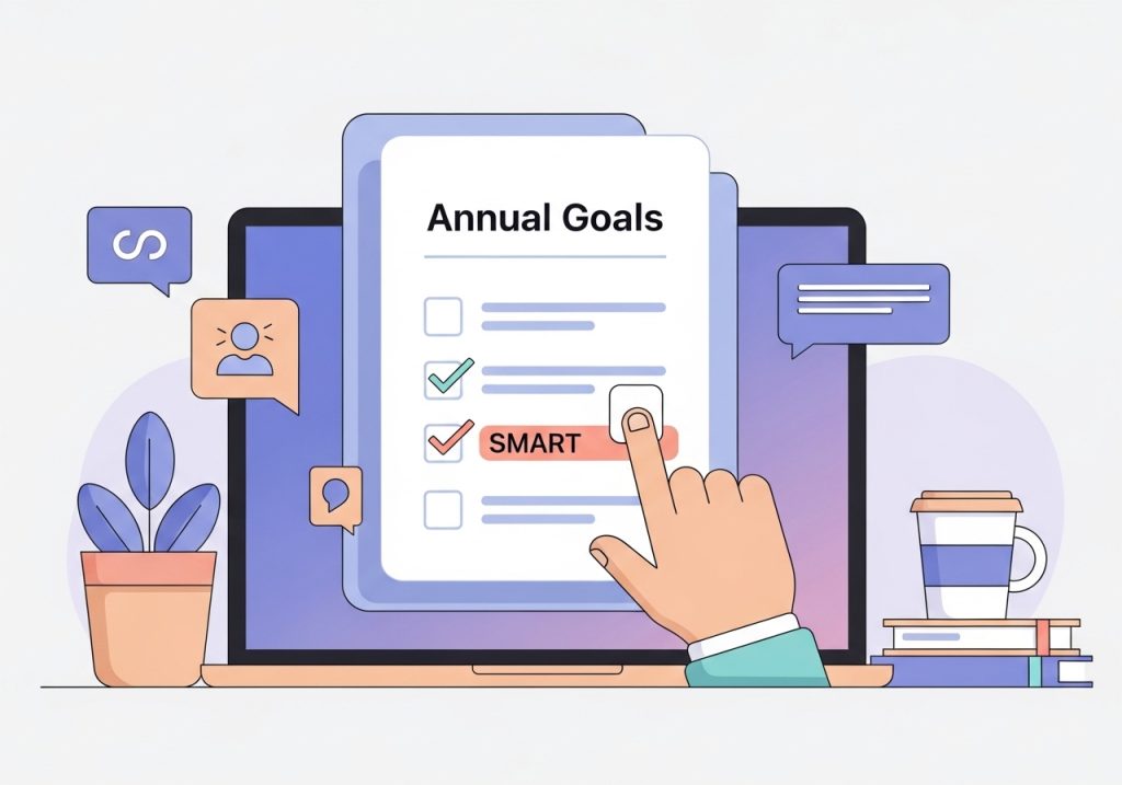 A close-up illustration of a laptop screen showing SMART IEP goal examples, emphasizing clarity and structure.