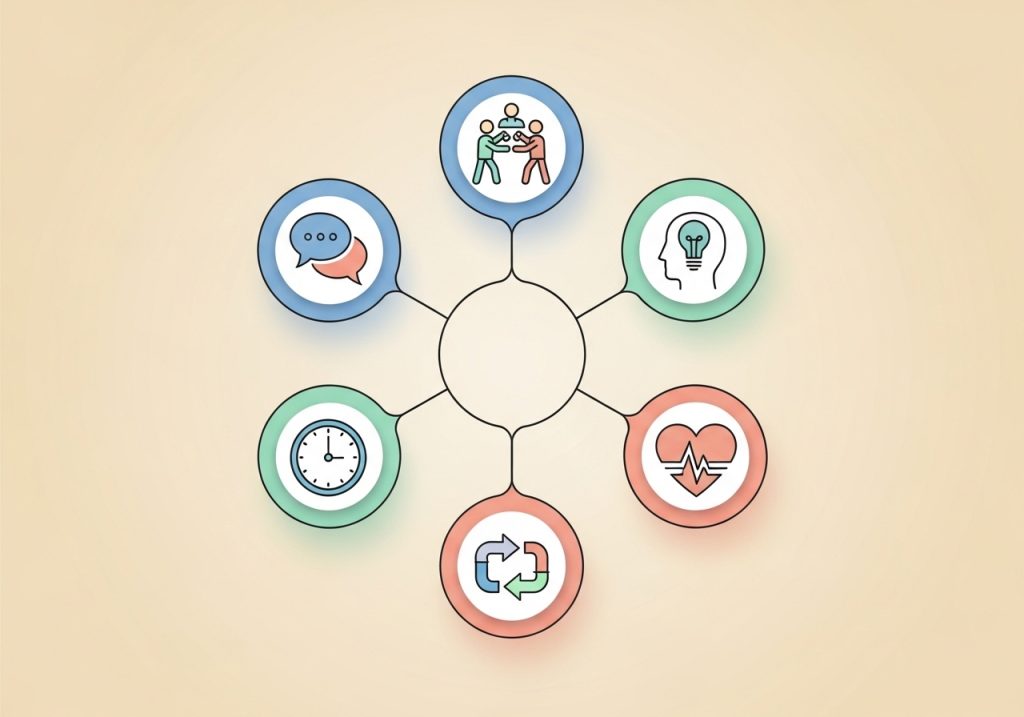 A diagram showing icons for different examples of soft skills, including communication, teamwork, and problem-solving.