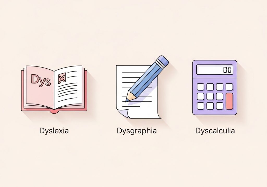 Icons representing the three core areas of a specific learning disorder: reading, writing, and mathematics.