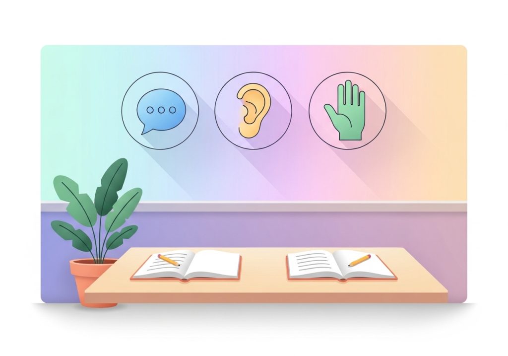 An organized learning environment with visual rules on the wall, set up to facilitate peer learning.
