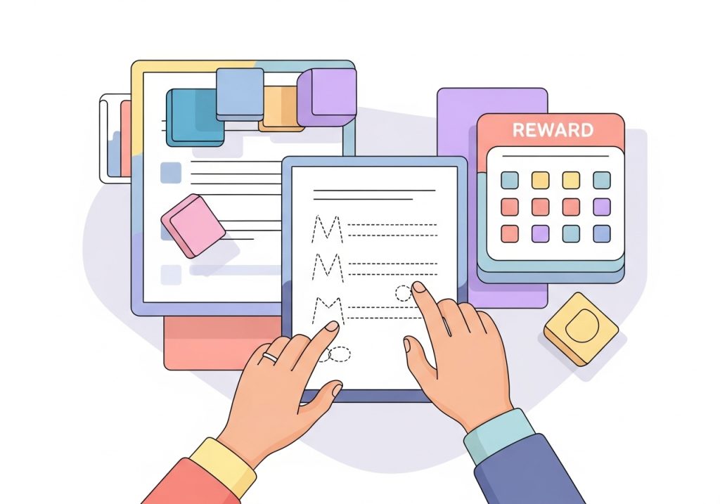 An overhead view of targeted therapy activities, including a worksheet and manipulatives, designed for skill building.