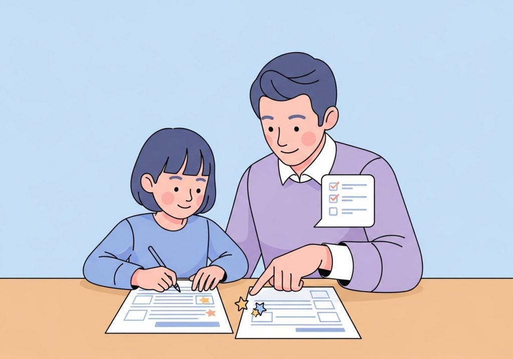 An illustration of a child and parent using a worksheet to practice and reinforce soft skills.
