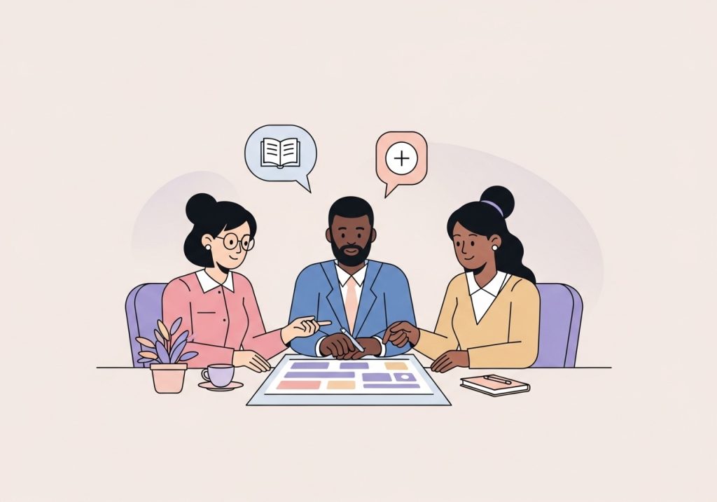 An illustration of a multidisciplinary team collaborating to create a support plan for a student.