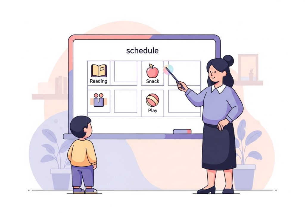 A visual schedule on a whiteboard being shown to a child, demonstrating the use of visual supports as an instructional strategy.