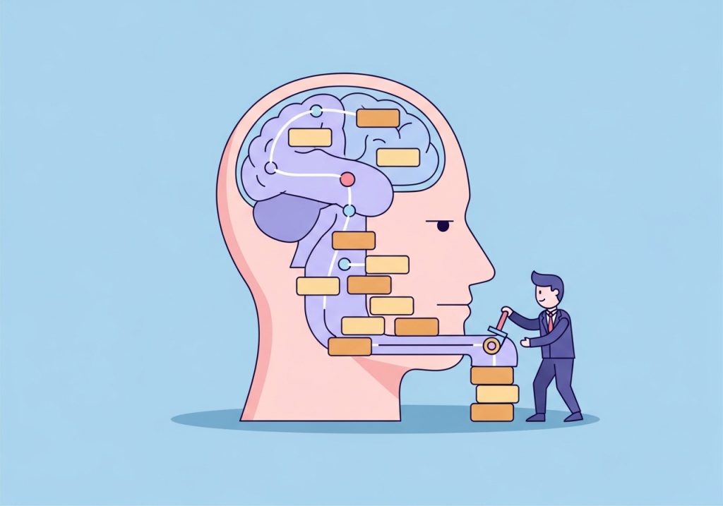 An illustration showing a brain with pathways being built, visualizing the concept of brain malleability for a growth mindset.