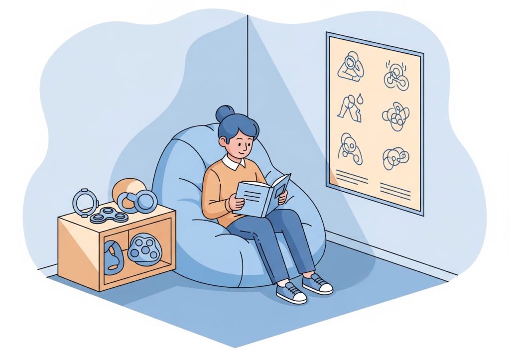 A classroom calming corner designed to help students with self-regulation, connecting sensory needs to classroom rules.