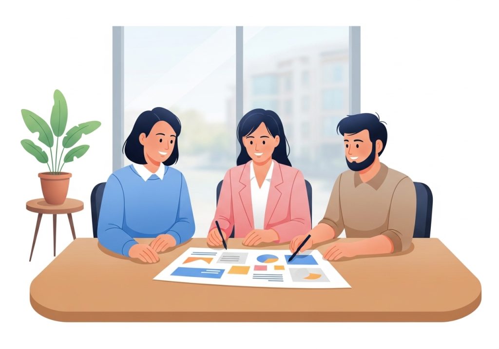 An illustration of a collaborative team of a teacher, therapist, and parent discussing a child's therapy plan.