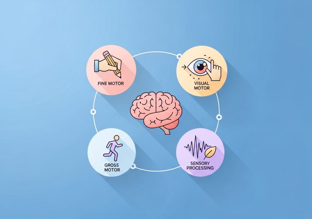 Icons representing the core components of skill development: fine motor, visual motor, gross motor, and sensory processing.