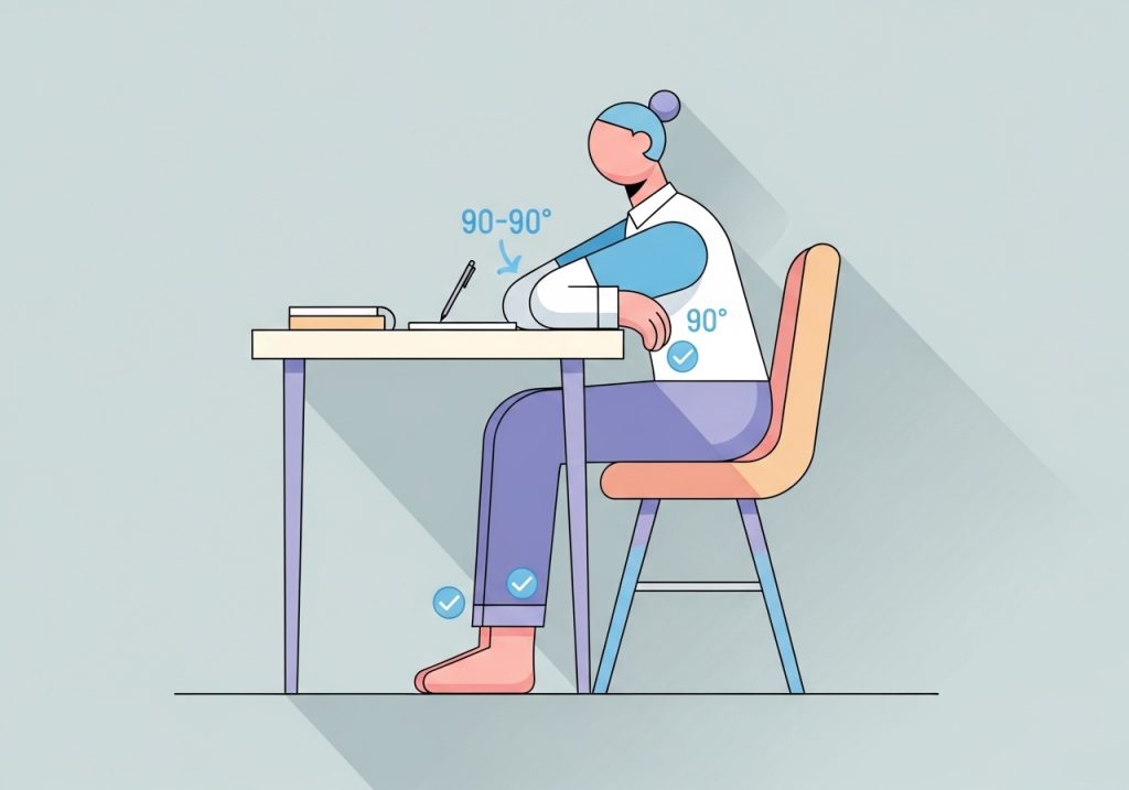 Vector illustration showing the correct sitting posture for handwriting improvement, with feet, knees, and elbows at 90-degree angles.