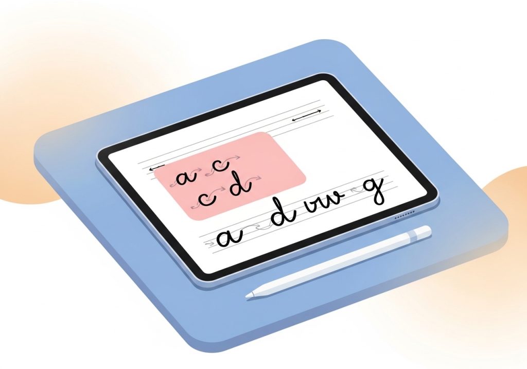 An illustration of a cursive worksheet showing how to group lowercase letters by stroke, a key technique for teaching cursive.