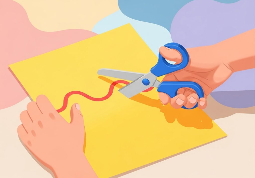 An illustration of a child using scissors to cut along a line, an activity that builds eye to hand coordination.