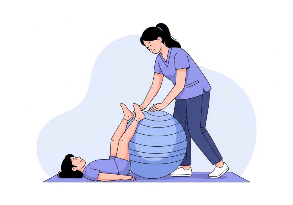 An illustration of deep pressure being applied with a therapy ball, one of many calming sensory activities.