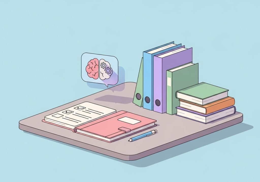 An organized student workspace with a planner and folders, representing academic goals for executive functioning skills.