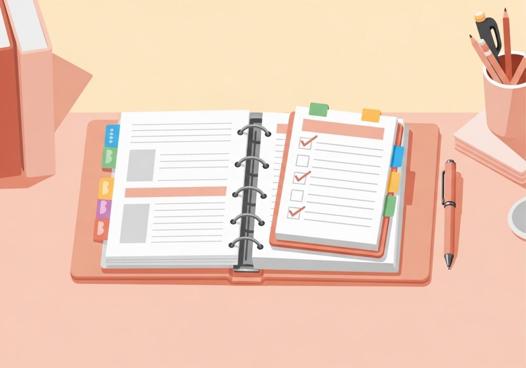 An illustration of an organized student binder and planner, representing executive functioning academic goals.