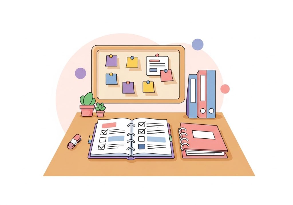 An organized student workspace with a planner and binder, symbolizing executive functioning goals.