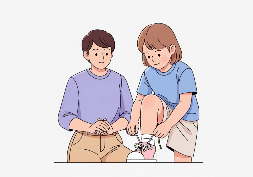 An illustration of a child independently tying shoes while an adult watches, representing the fading of scaffolds.