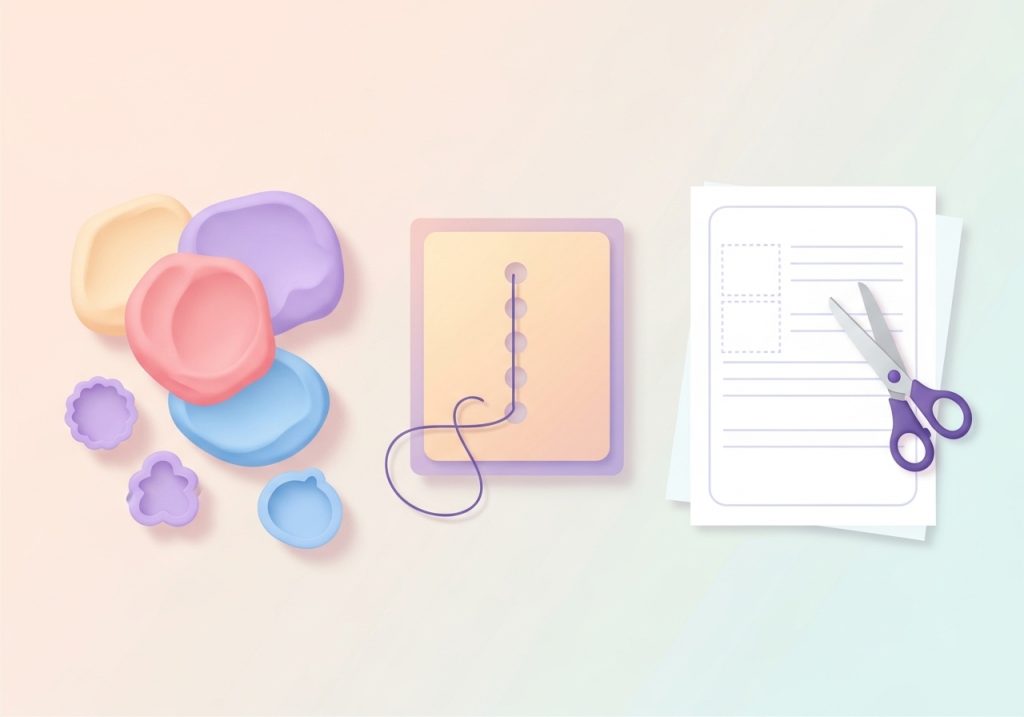An illustration of fine motor skills stations, including playdough, a lacing card, and a cutting worksheet, as part of a lesson plan example.