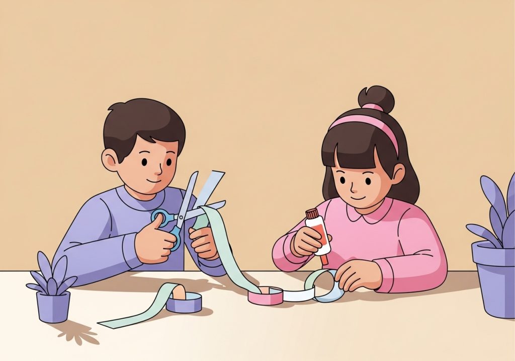 An illustration of children making a paper chain to practice fine motor skills.