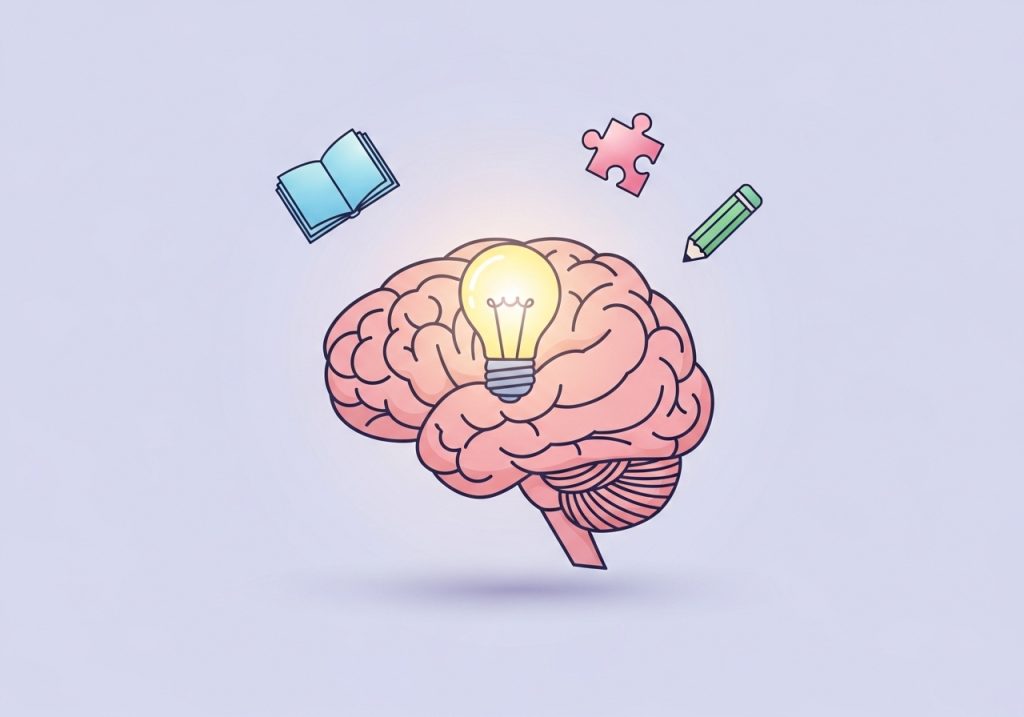 Illustration of a brain with a lightbulb, symbolizing how mistakes create learning opportunities as a key growth mindset concept.