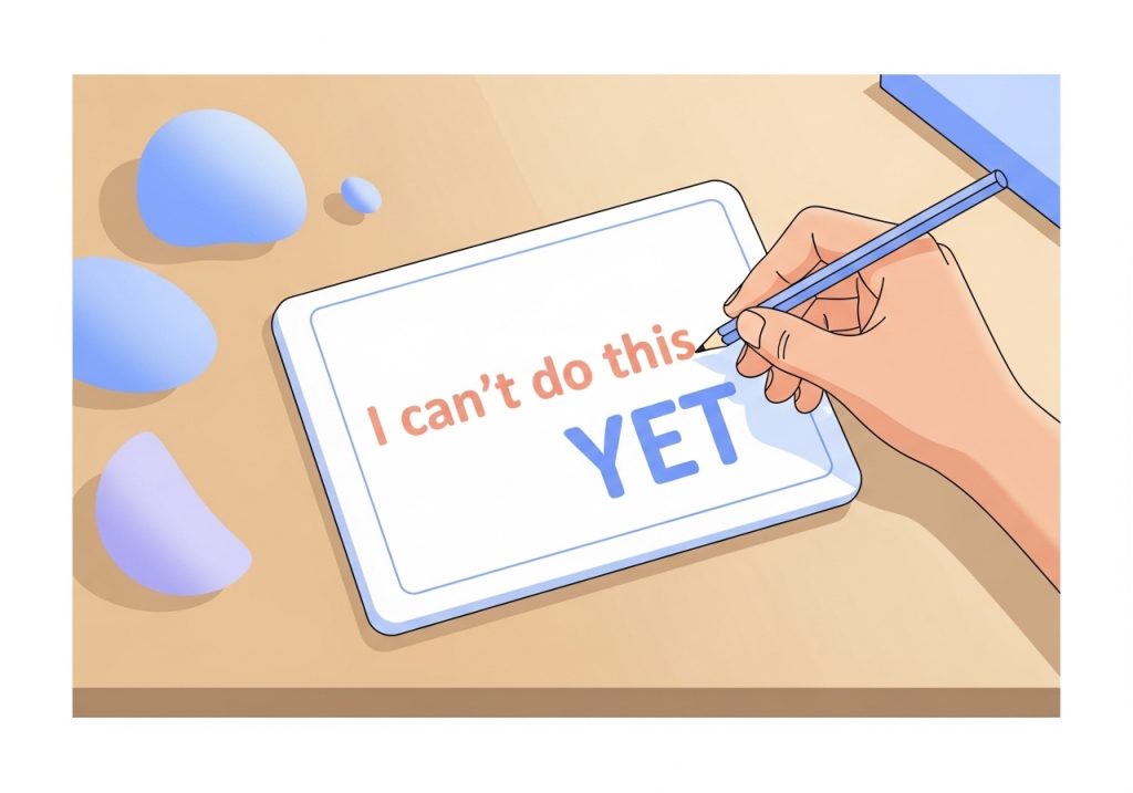 Vector art showing the phrase 'I can't do this YET,' a growth mindset example for reframing negative self-talk.