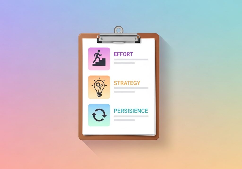 An illustration showing icons for effort, strategy, and persistence, representing the concept of praising the process in growth mindset.