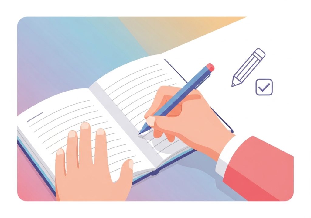 Illustration of a student's hands practicing handwriting in a notebook, an example of a fine motor academic goal.