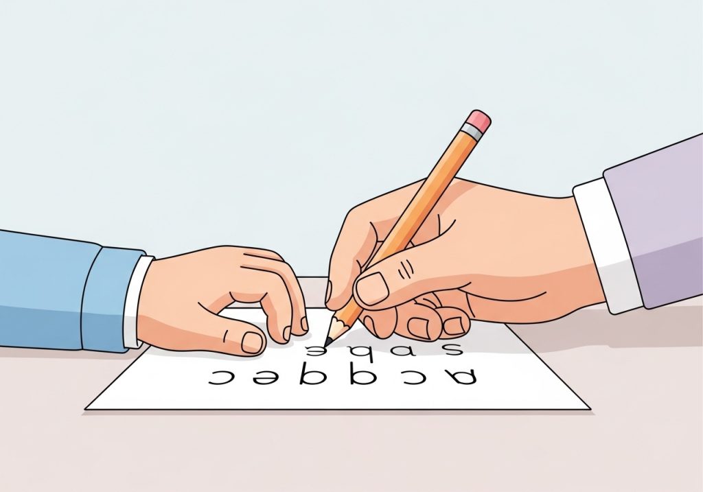 An illustration showing hands practicing handwriting, demonstrating a focus on fine motor skills for academic goals.