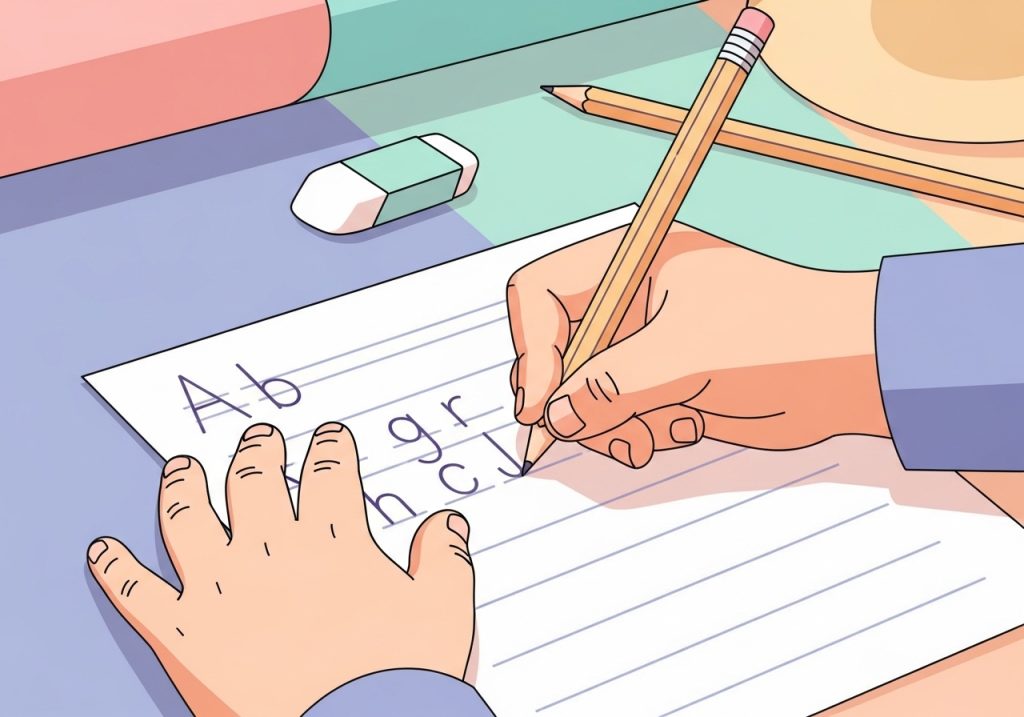 Vector art showing a child practicing handwriting as part of an academic goal for legibility.