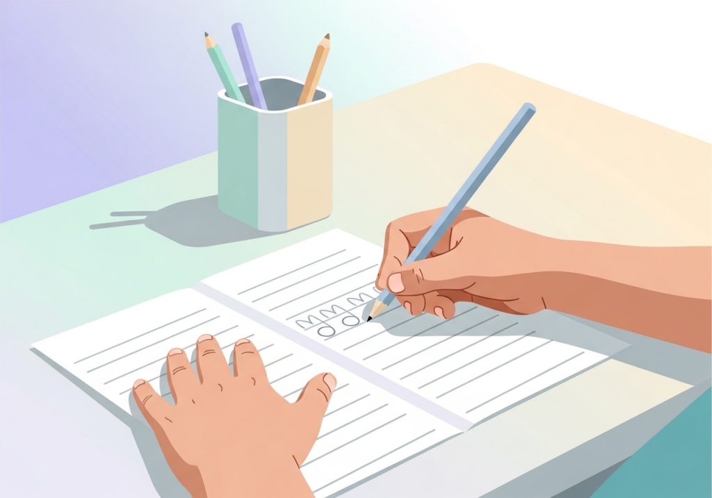 Illustration of a student working on a handwriting worksheet, representing a goal for fine motor skills.