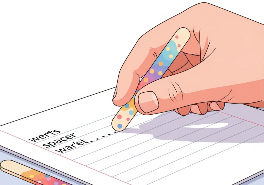 Illustration of a student using a spacer tool to learn correct word spacing, a key part of how to improve on handwriting.
