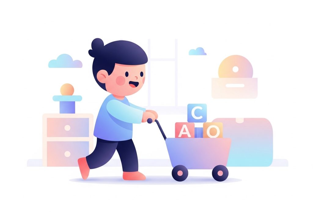 Illustration of a child performing a heavy work activity by pushing a cart of blocks.