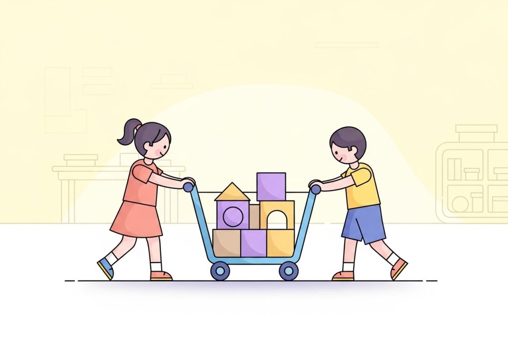 Vector illustration of children doing a heavy work activity, an example of a sensory diet, by pushing a cart.