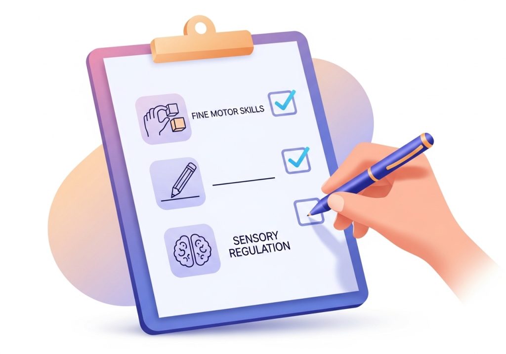 A checklist representing different categories of IEP goal examples, including fine motor and handwriting skills.