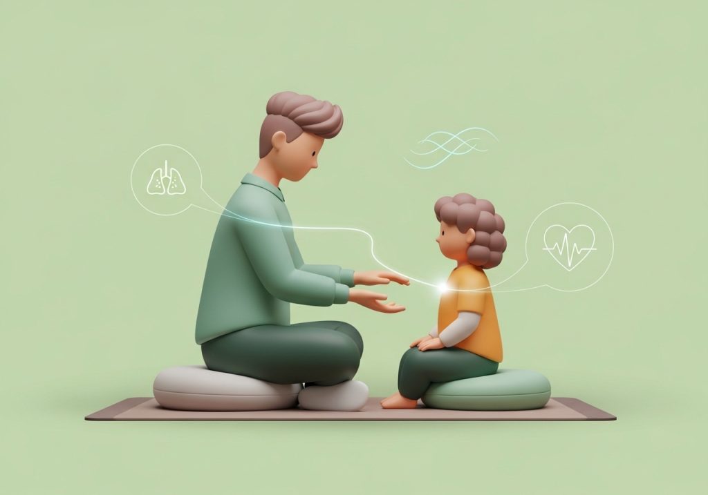 An illustration showing an adult guiding a child through a body awareness exercise, representing practical strategies for interoception.