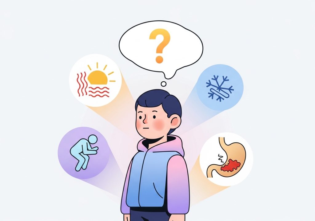 An illustration of a child with a question mark overhead, surrounded by icons for hunger and temperature, symbolizing interoception challenges.