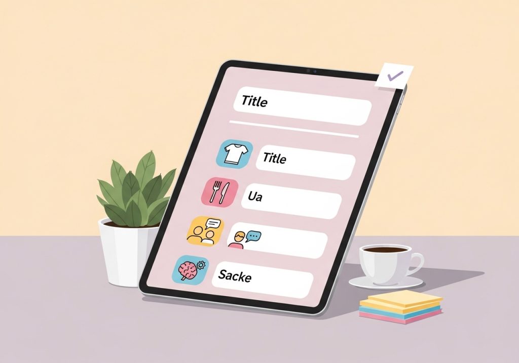 A digital tablet showing a checklist of life skills categories, including self-care, social skills, and executive functioning.