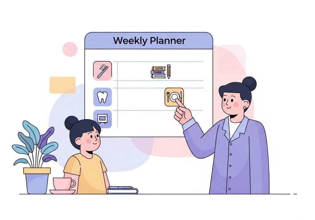 An illustration of an adult and child using a visual schedule to integrate life skills practice into their daily routine.