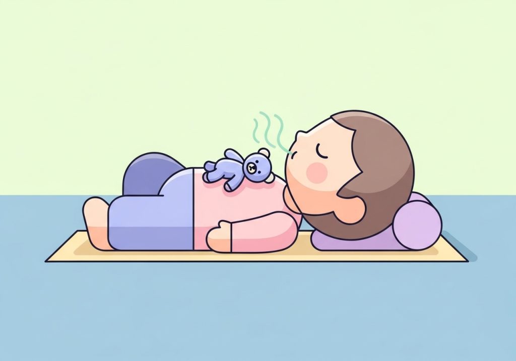 An illustration of a child using a stuffed animal as a breathing buddy for a mindful breathing exercise.