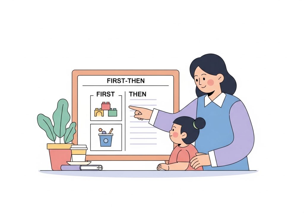 A caregiver models how to use a 'First-Then' board with a preschooler.