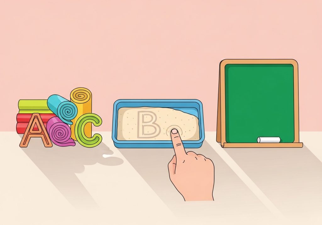 A collection of multi-sensory tools used to improve handwriting, including a sand tray, play-doh, and a small chalkboard.