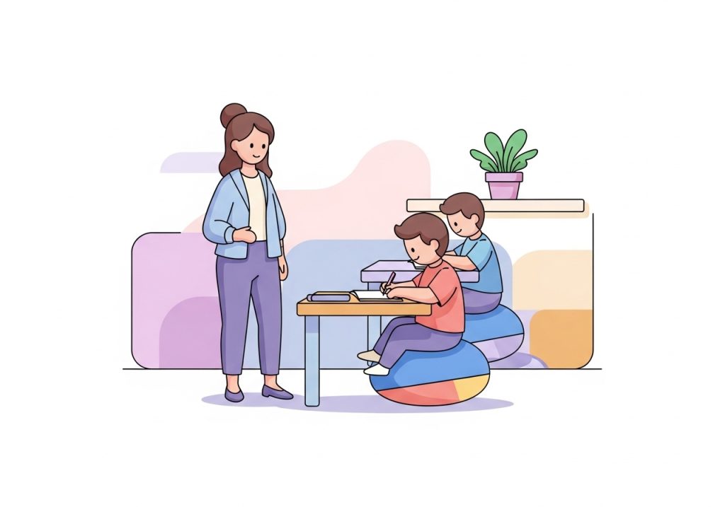A teacher observing a student using a wobble cushion as a sensory adaptation in the classroom.
