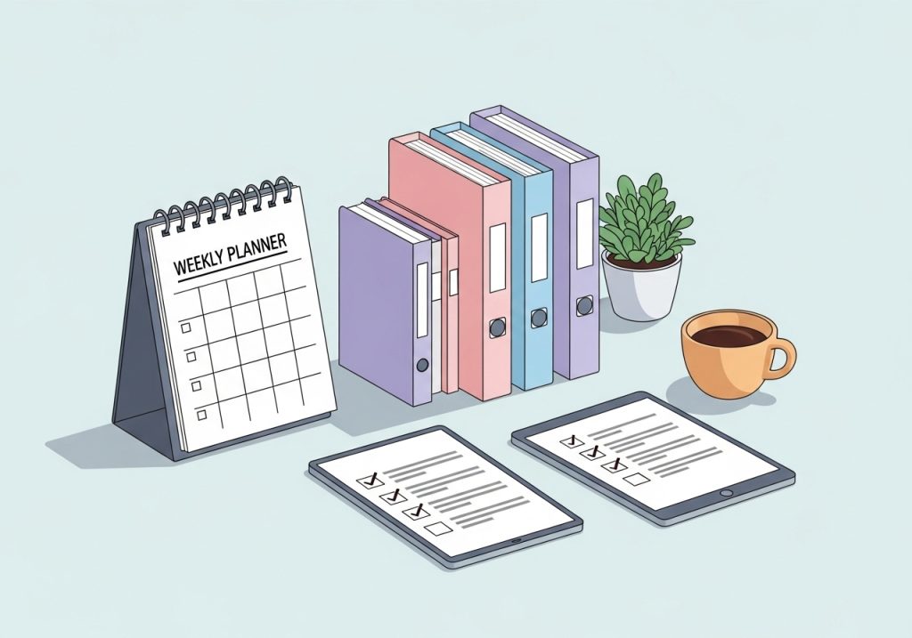 An organized desk with a planner and checklist, illustrating academic goals for executive functioning and organization.