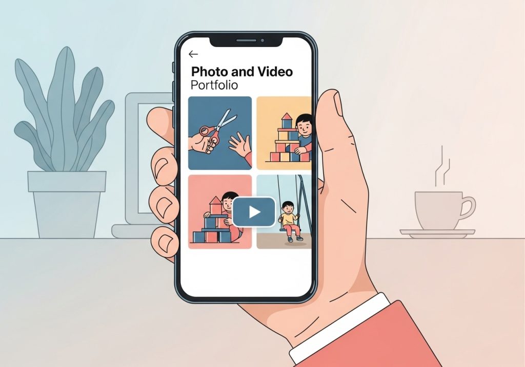 A smartphone displaying a photo and video portfolio to track a student's fine motor skill development.
