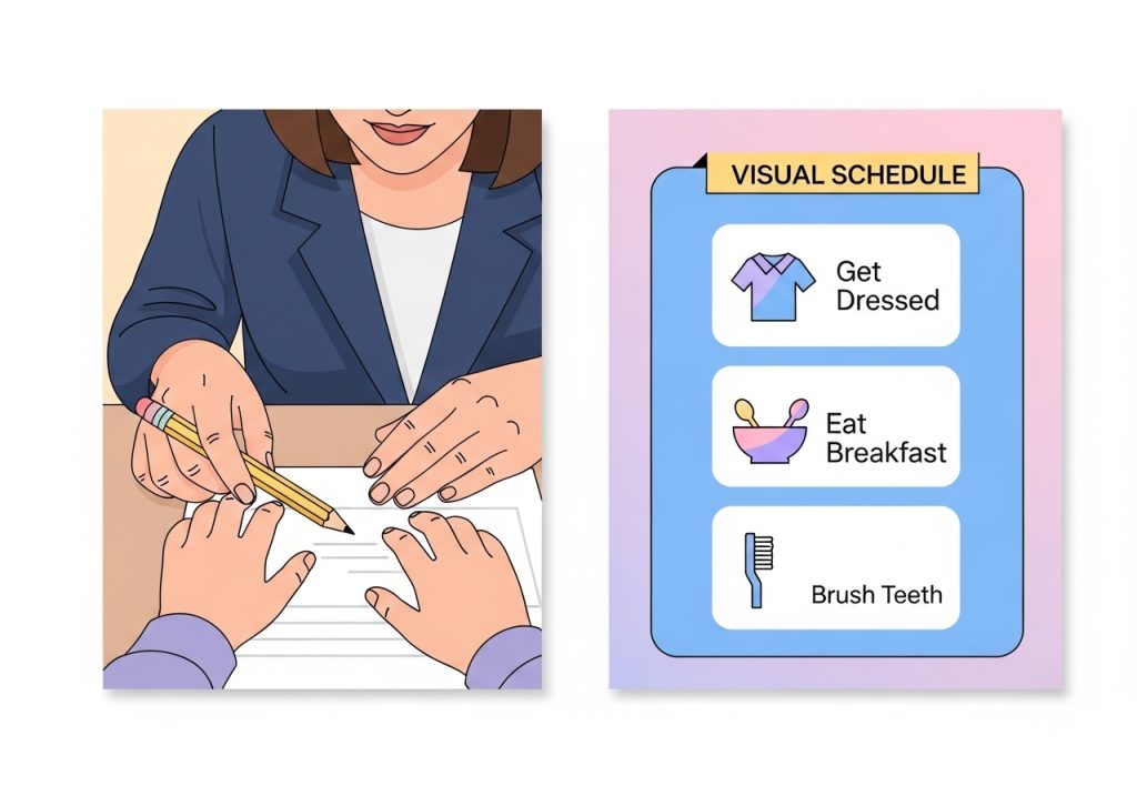 Examples of practical scaffolding strategies, showing hand-over-hand assistance for writing and a visual schedule for a daily routine.