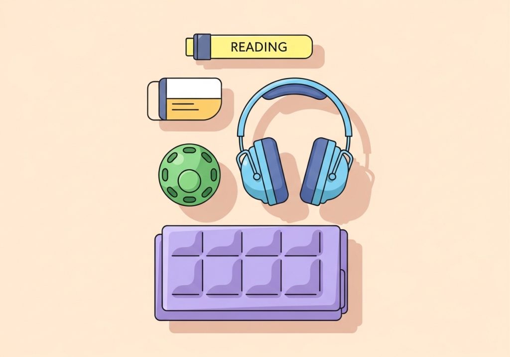 An assortment of practical sensory adaptation tools including headphones, a fidget ball, and a weighted lap pad.