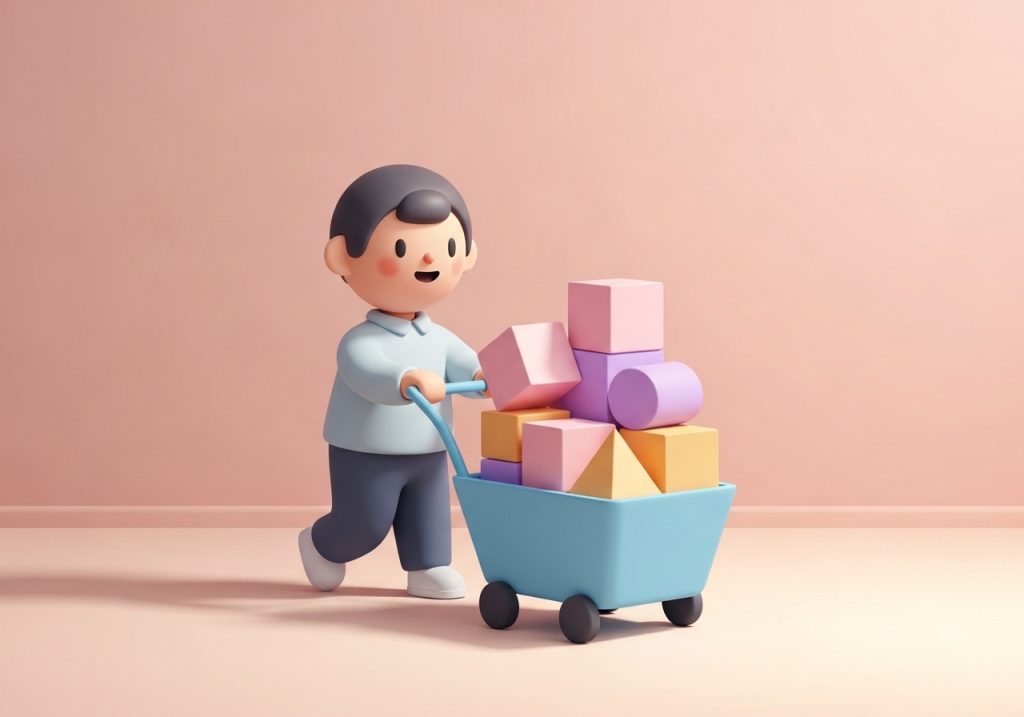 Illustration of a child doing a heavy work task by pushing a cart with blocks, an example of a proprioceptive sensory activity.