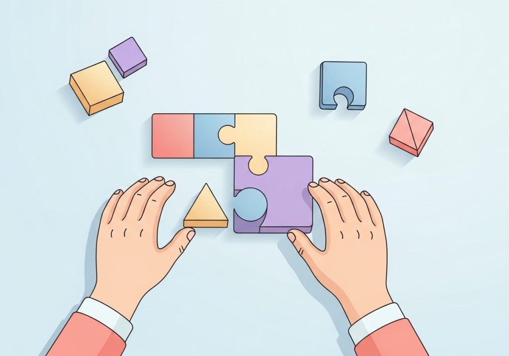 An illustration showing a child's hands putting together a puzzle to improve visual motor skills.