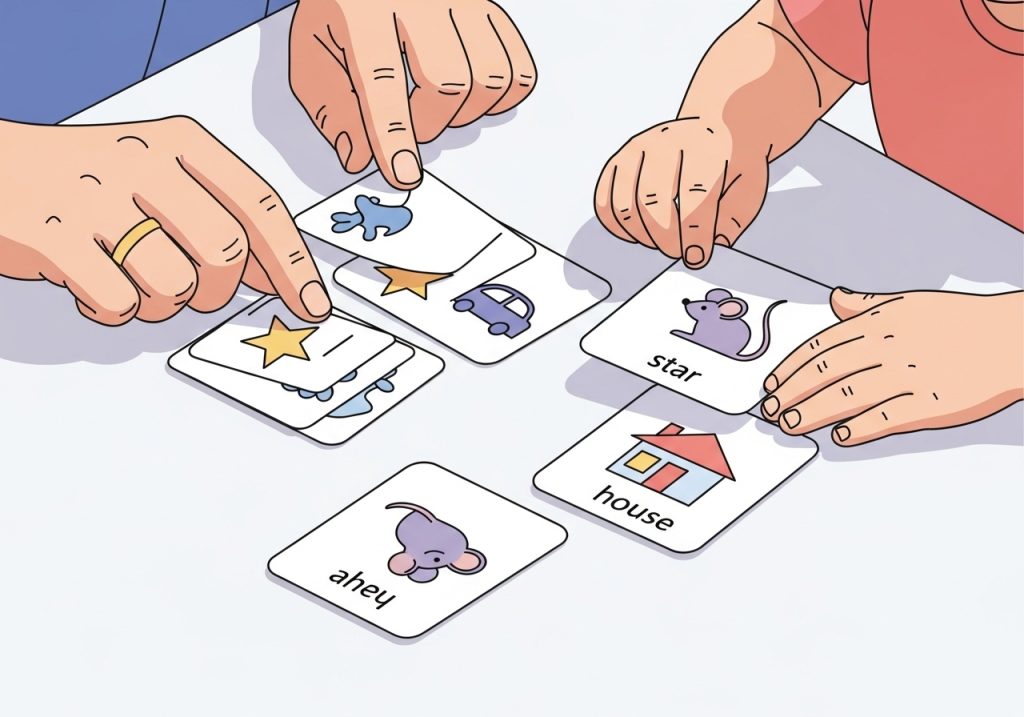 A close-up of a rhyming game activity with picture cards showing a star and a car.
